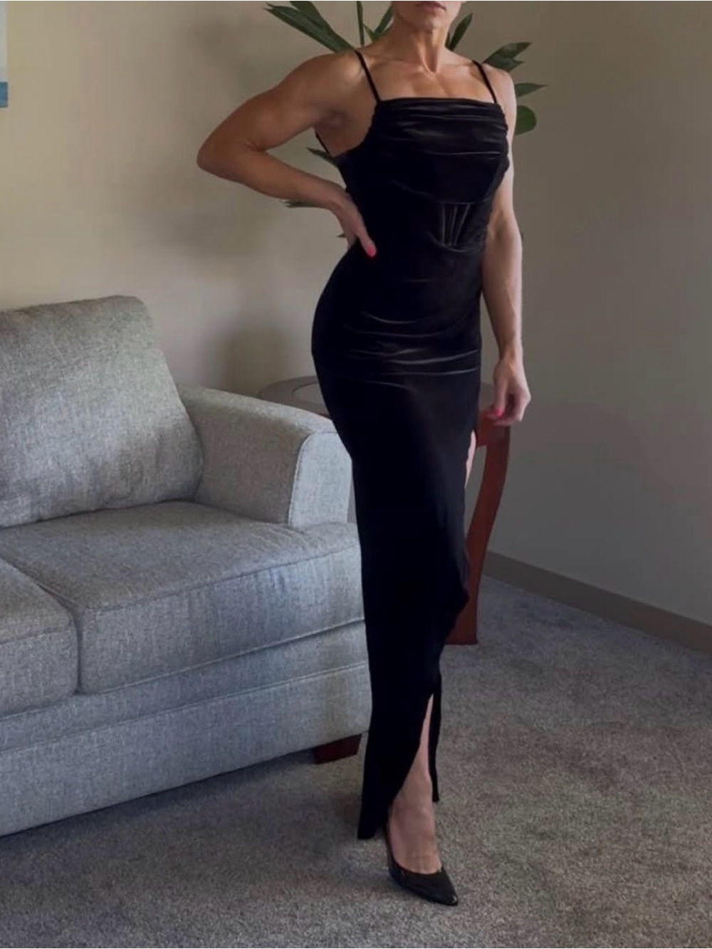 Black Velvet Cowl Neck Slip Dress with Side Slit